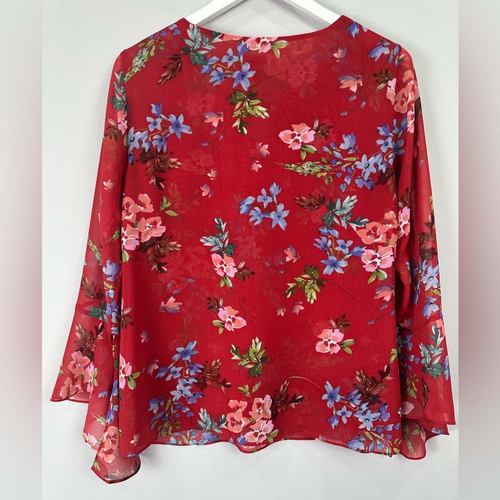 CAbi Red Floral Devoted Women’s Semi Sheer Bell Sleeve Blouse Top Shirt small - Picture 8 of 13